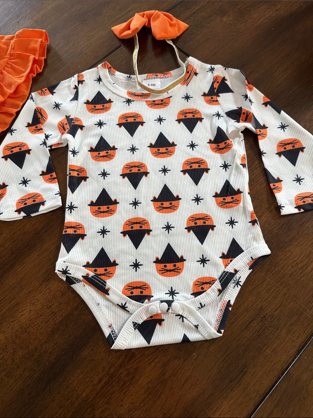 Orange Ruffle Suspender Skirt Set with Halloween Print Top - Picture 2 of 2